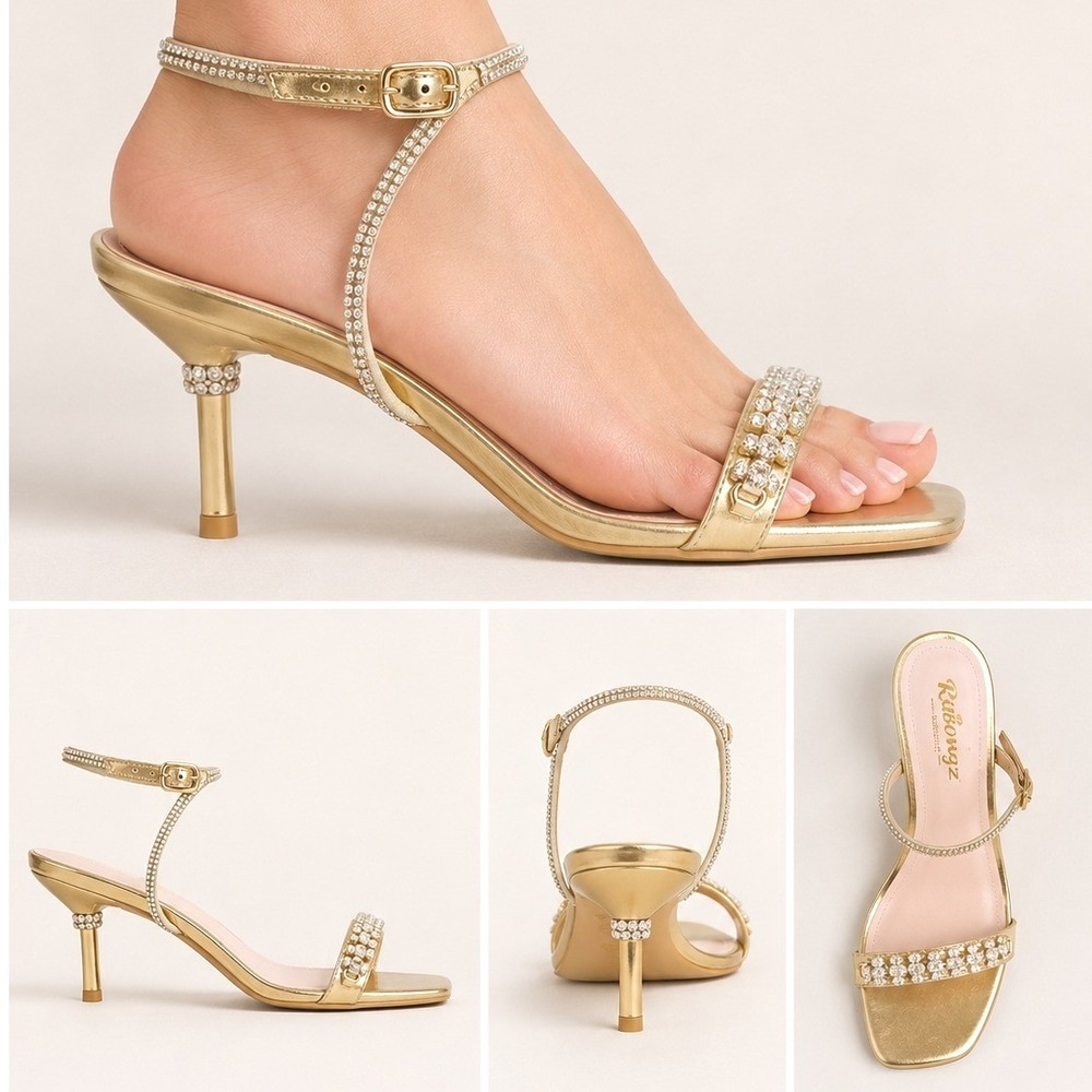 NEW Ribongz Womens Gold Metallic Rhinestone Heeled Sandals Square Toe 9.5 Bridal
